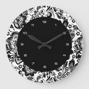 白黒バロックの花のパターン ラージ壁時計