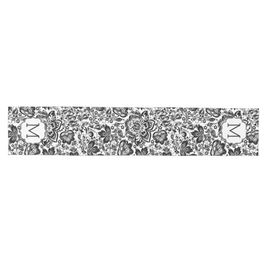 白黒バロック様式ダマスモノグラム ミディアムテーブルランナー (横)
