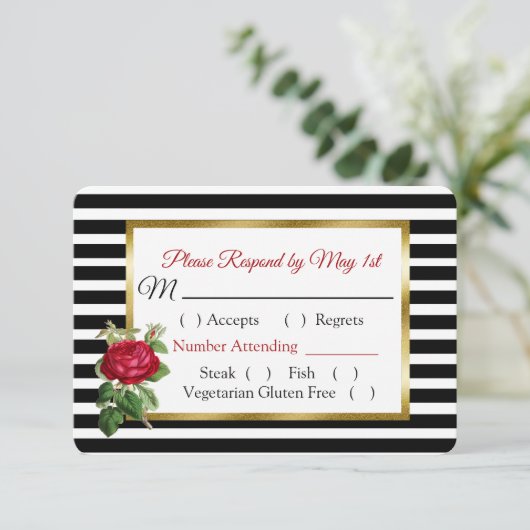 白黒バーガンディバラウェディングRSVPカード 出欠カード (スタンド正面)
