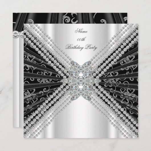 白黒バースデーパーティーグリッターダイヤモンド 招待状 (正面/裏面)