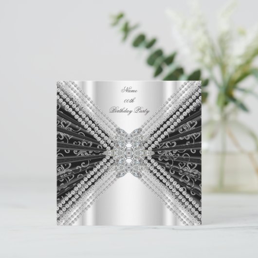 白黒バースデーパーティーグリッターダイヤモンド 招待状 (スタンド正面)