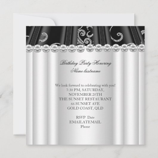 白黒バースデーパーティーグリッターダイヤモンド 招待状 (裏面)
