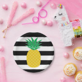 白黒パイナップルストライプのトロピカル ペーパープレート (パーティー)