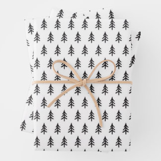 白黒パインツリークリスマスラッピング紙 ラッピングペーパーシート