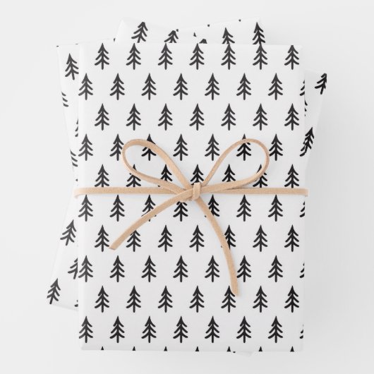 白黒パインツリークリスマスラッピング紙 ラッピングペーパーシート (インサイチュ)