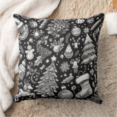 白黒パステルスケッチクリスマスモチーフホリデイ クッション (ブランケット)