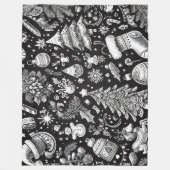 白黒パステルスケッチクリスマスモチーフホリデイ フリースブランケット (正面)