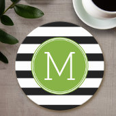 白黒パターストライプのン緑モノグラム ラウンドペーパーコースター
