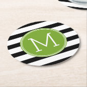 白黒パターストライプのン緑モノグラム ラウンドペーパーコースター (アングル)
