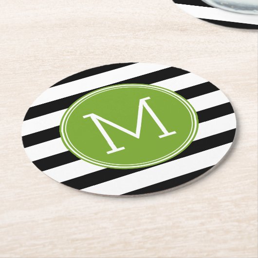 白黒パターストライプのン緑モノグラム ラウンドペーパーコースター (アングル)