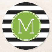 白黒パターストライプのン緑モノグラム ラウンドペーパーコースター (正面)