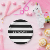 白黒パターンストライプの名前をカスタムする ペーパープレート (パーティー)