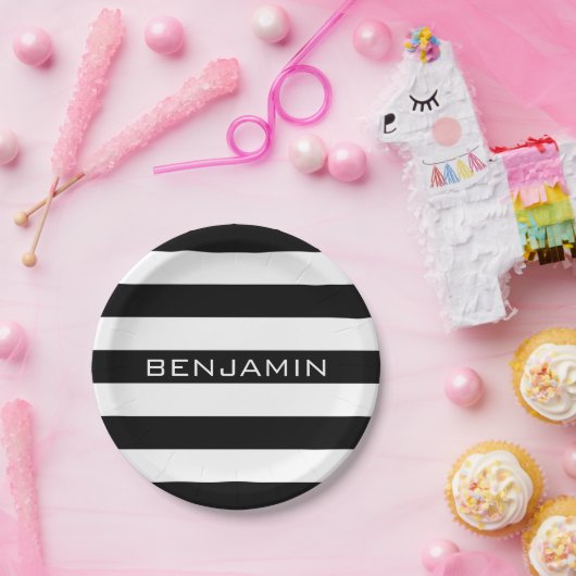 白黒パターンストライプの名前をカスタムする ペーパープレート (パーティー)