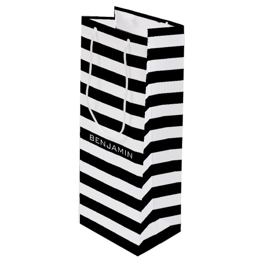 白黒パターンストライプの名前をカスタムする ワインギフトバッグ (正面アングル)