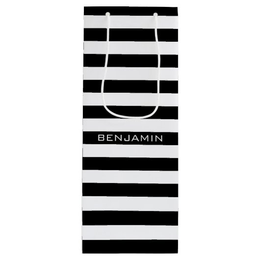 白黒パターンストライプの名前をカスタムする ワインギフトバッグ (正面)