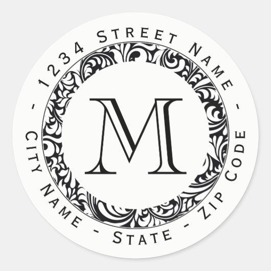 白黒パターンモノグラム差出人住所ラベル ラウンドシール (正面)