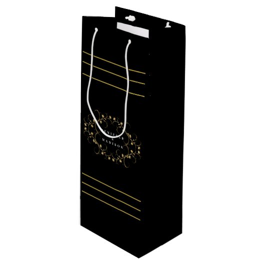 白黒パターン金ゴールド名のロゴ ワインギフトバッグ (正面アングル)