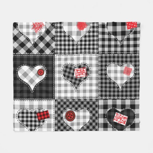 白黒パッチワークハートシームレス。 フリースブランケット (正面(横))
