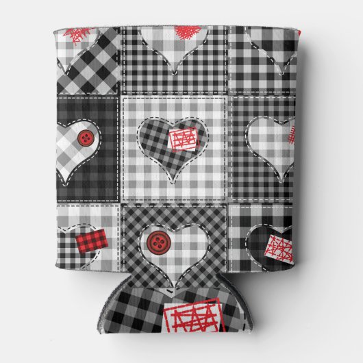 白黒パッチワークハートシームレス。 缶クーラー (正面)