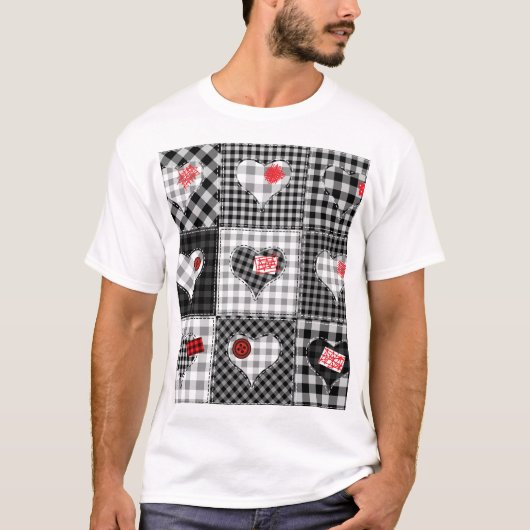 白黒パッチワークハートシームレス。 Tシャツ (正面)