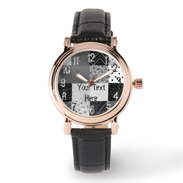 白黒パッチワーク生地スタイリッシュヴィンテージ 腕時計 (正面)