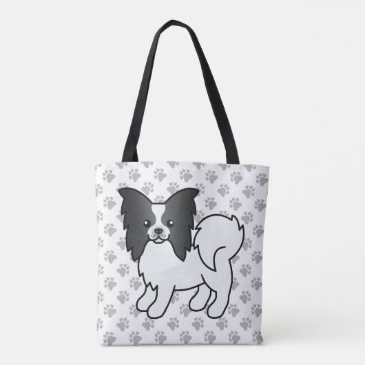 白黒パピヨンかわいい漫画の犬と手 トートバッグ (裏面)