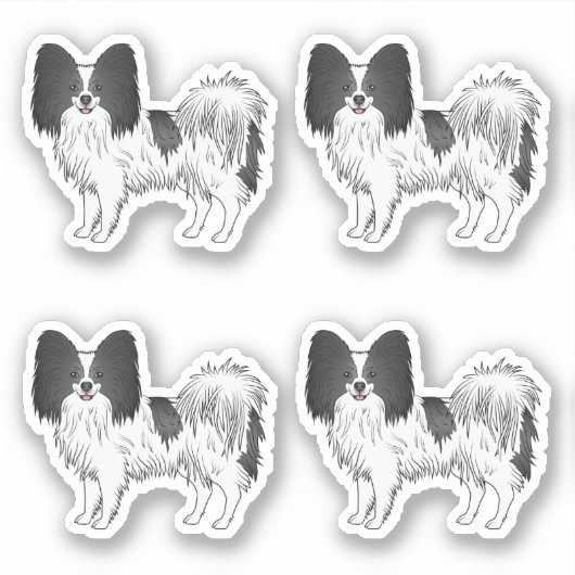 白黒パピヨンかわいい漫画の犬のデザイン シール (正面)