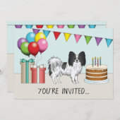 白黒パピヨンドッグカラフル誕生日 招待状 (正面/裏面)