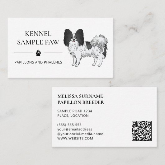 白黒パピヨン漫画の犬 – 犬の犬小屋 名刺 (正面/裏面)