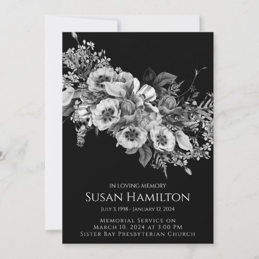 白黒パンジー葬儀記念のお知らせ 招待状 (正面)