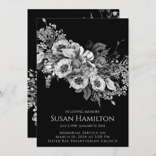 白黒パンジー葬儀記念のお知らせ 招待状 (正面/裏面)