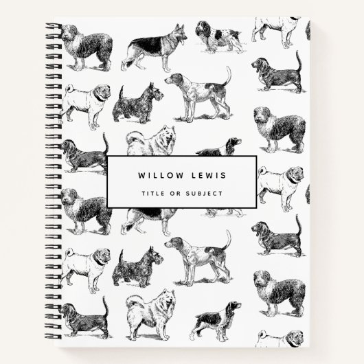 白黒パーソナライズされたのヴィンテージ犬のパターン ノートブック (正面)