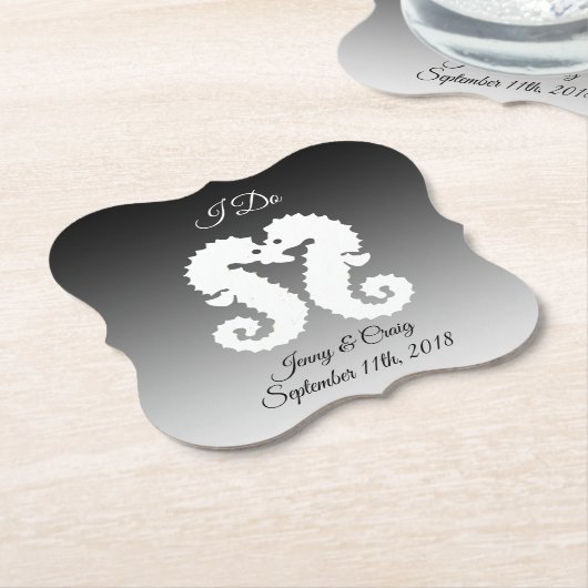 白黒パーソナライズされたシーホース結婚コースター ペーパーコースター (アングル)
