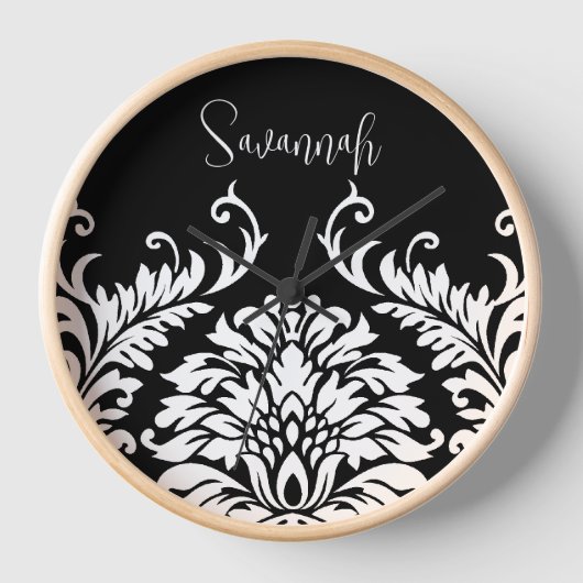白黒パーソナライズされたダマスクウォールクロック 壁時計 (正面)