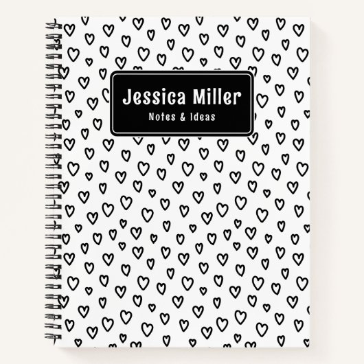 白黒パーソナライズされたドードルハートノートブック ノートブック (正面)
