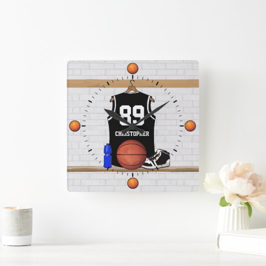 白黒パーソナライズされたバスケットボールジャージー スクエア壁時計 (ホーム)