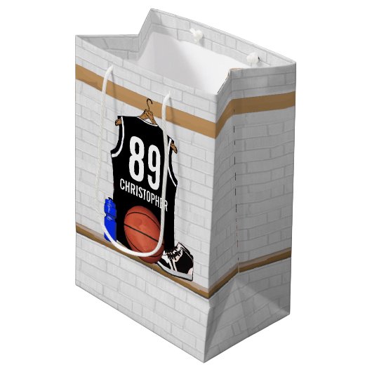 白黒パーソナライズされたバスケットボールジャージー ミディアムペーパーバッグ (正面アングル)