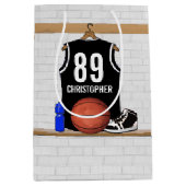 白黒パーソナライズされたバスケットボールジャージー ミディアムペーパーバッグ (正面)