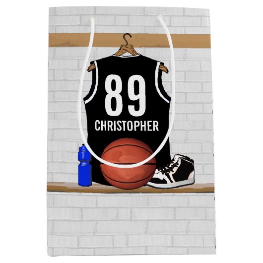 白黒パーソナライズされたバスケットボールジャージー ミディアムペーパーバッグ (正面)