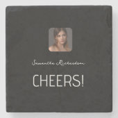 白黒パーソナライズされたフォト名スクリプト ストーンコースター (正面)