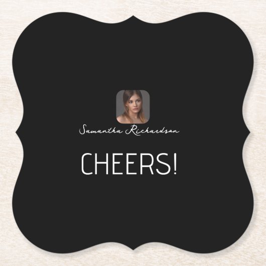 白黒パーソナライズされたフォト名スクリプト ペーパーコースター (正面)