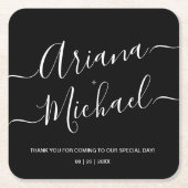 白黒パーソナライズされたミモダンミナ結婚リスト スクエアペーパーコースター (正面)