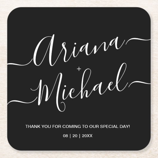 白黒パーソナライズされたミモダンミナ結婚リスト スクエアペーパーコースター (正面)