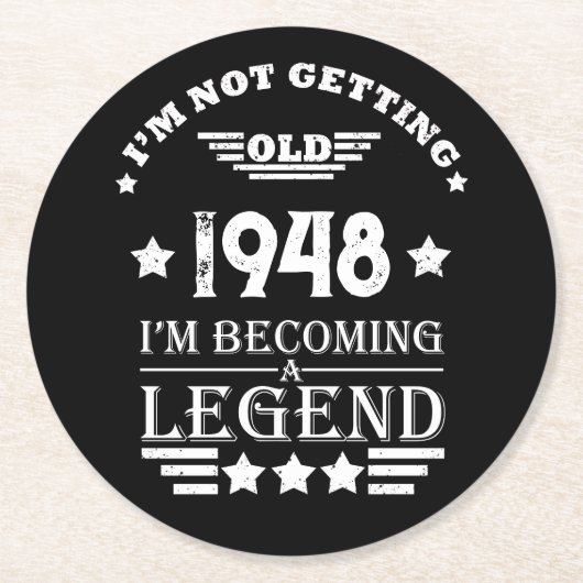 白黒パーソナライズされたヴィンテージ75歳の誕生日 ラウンドペーパーコースター (正面)