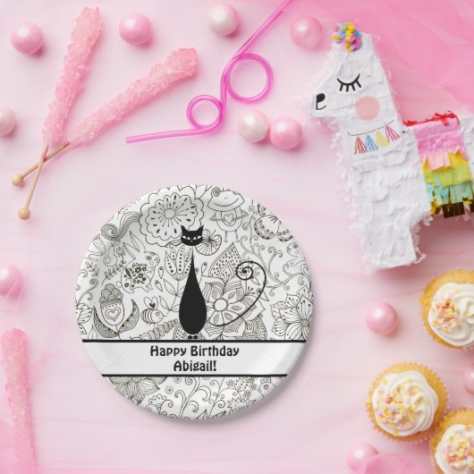 白黒パーソナライズされた猫ハッピーバースデー ペーパープレート (パーティー)