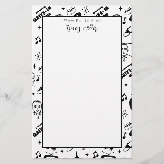 白黒パーソナライズされた50年代スタイルレトロ 便箋 (正面)