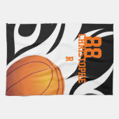 白黒パーソナライズで燃えるようなバスケットボール キッチンタオル (横)