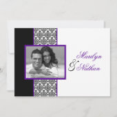 白黒パープルダマスク写真ウェディング招待 招待状 (正面)