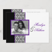 白黒パープルダマスク写真ウェディング招待 招待状 (正面/裏面)