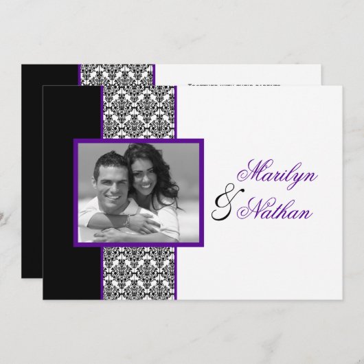 白黒パープルダマスク写真ウェディング招待 招待状 (正面/裏面)
